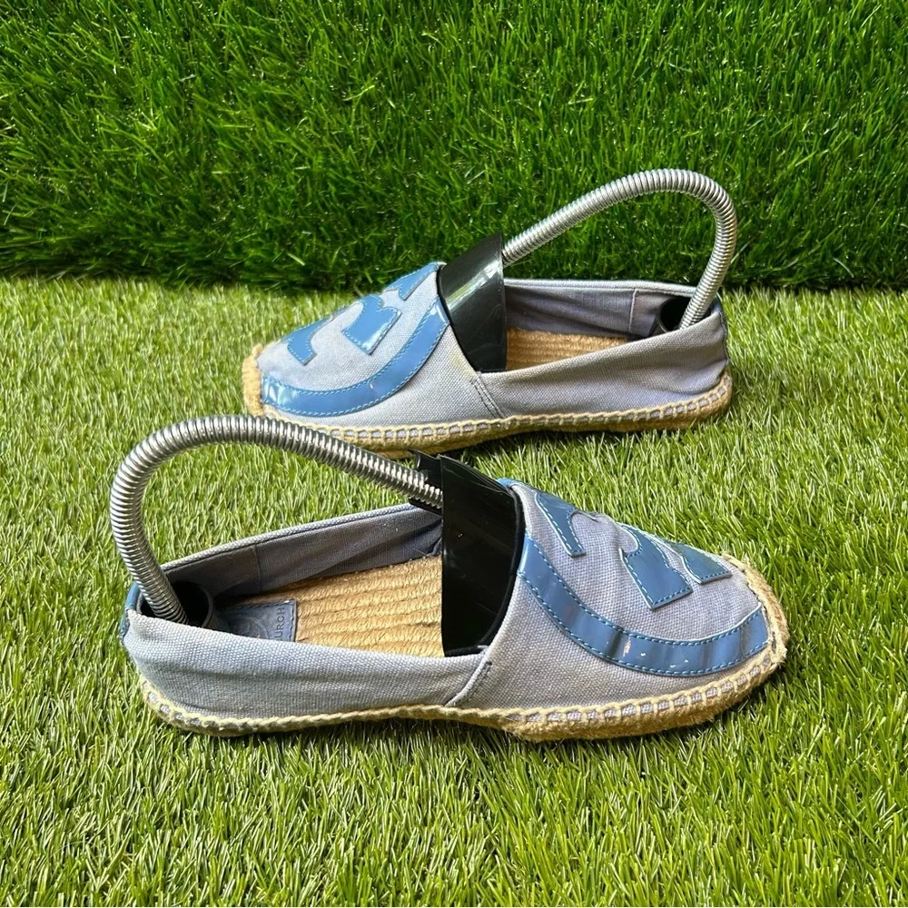 Tory Burch Womens Canvas Espadrille Flats Blue‎ Patent Logo Slip On Shoes Size 6